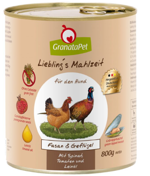 GranataPet | Lieblings Mahlzeit - Fasan & Geflügel mit Spinat, Tomaten & Leinöl - 6 x 800g ¦ nasses Hundefutter in Dosen