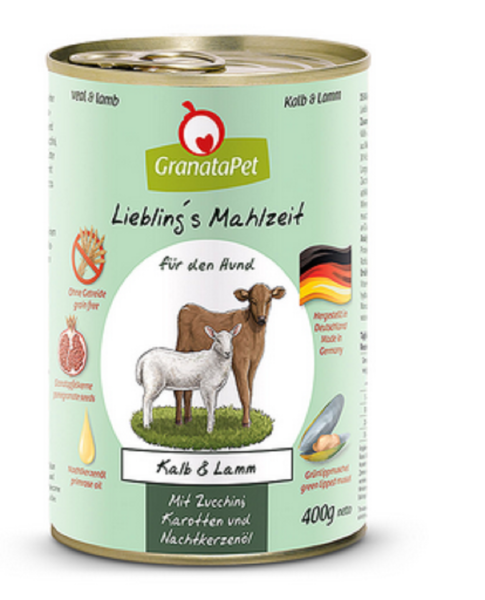 GranataPet ¦ Lieblings Mahlzeit - Kalb & Lamm mit Zucchini, Karotten & Nachtkerzenöl  - 6 x 400g ¦ nasses Hundefutter in Dosen