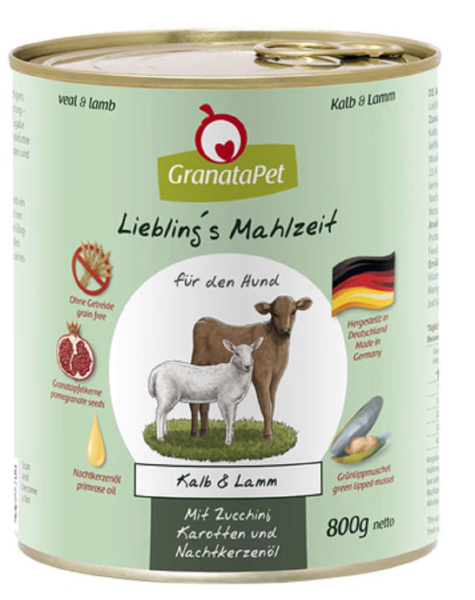 GranataPet¦ Lieblings Mahlzeit - Kalb & Lamm mit Zucchini, Karotten und Nachtkerzenöl - 6 x 800g ¦ nasses Hundefutter in Dosen