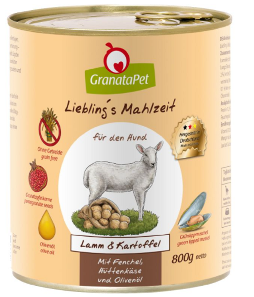 GranataPet¦Lieblings Mahlzeit - Lamm & Kartoffel mit Fenchel, Hüttenkäse & Olivenöl - 6 x 800g ¦ nasses Hundefutter in Dosen